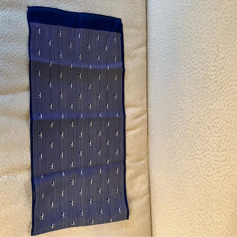 VTG Monogramed Blue Strip Rectangle Scarf Japan Preppy 10.5in X 46in Nautical